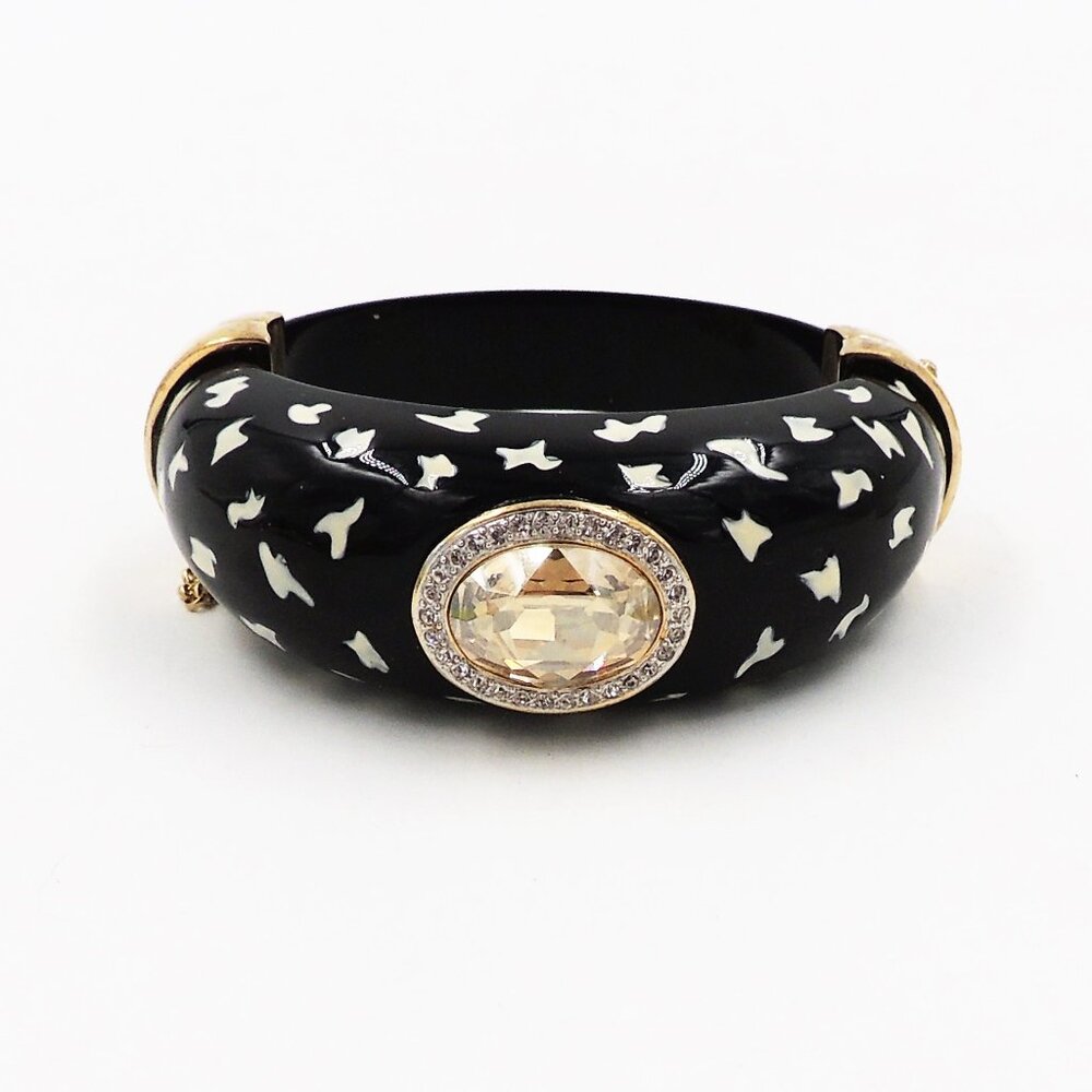 Vintage 1980s Italian Black Spotted Rhinestone Cuff Bracelet - Picture 6 of 11